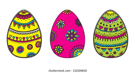 Set of colorful Easter Eggs with Patterns on White Background, Vector Version