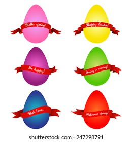 Set of colorful Easter eggs with red ribbons