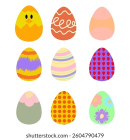 Set of colorful Easter eggs with various decorative patterns. Perfect for festive designs, greeting cards, gift wrap, textiles, and digital projects