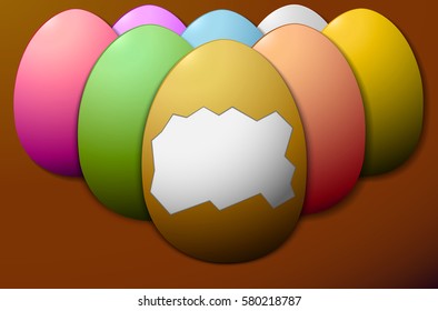 set colorful Easter eggs without the shell in the center brown background