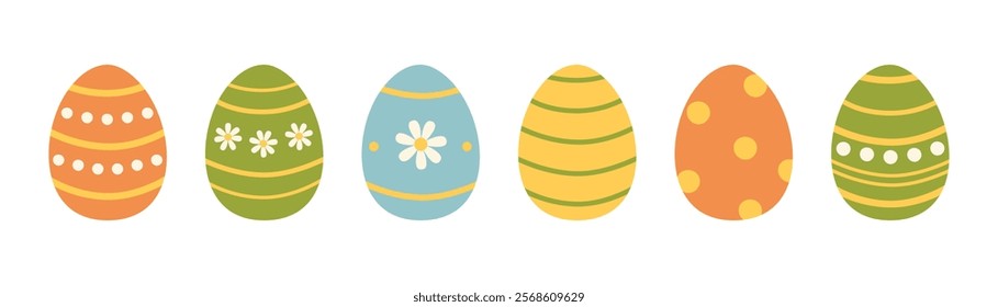 Set of colorful easter eggs in yellow, green, blue and orange colors. Decorated eggs with stripes, polka dots and daisies. Spring holiday. Vector flat illustration isolated on white background