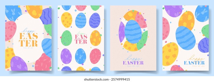 Set of colorful Easter flyers. Creative Easter vector cards with colorful eggs and sprinkle. Holiday flyers for design of party, celebration, ad, branding, cover, card, sale, social media.