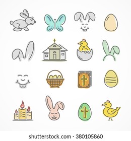 Set of colorful Easter icons isolated on white background, illustration.