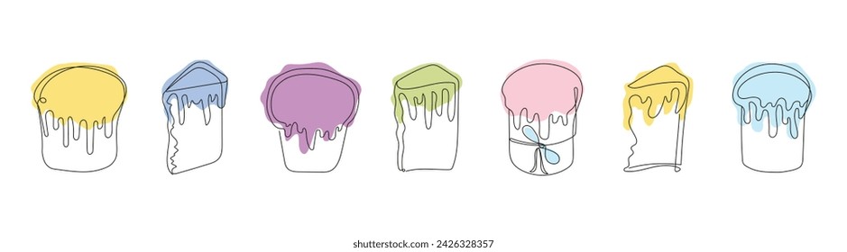 Set of colorful Easter Kulich cakes with icing. Continuous one line drawing. Traditional Ukrainian Easter cupcakes. Vector illustration isolated on white. Design element for print, greeting