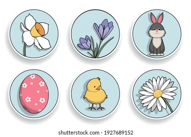 Set of colorful Easter pictures.  Daffodils, crocuses, egg, rabbit, chicken, chamomile in circle sky-blue. Vector illustration for stickers, icons.