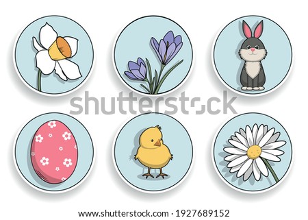 Set of colorful Easter pictures.  Daffodils, crocuses, egg, rabbit, chicken, chamomile in circle sky-blue. Vector illustration for stickers, icons.