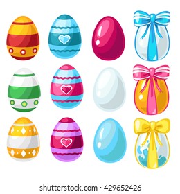 Set of colorful eastern eggs isolated on a white background. Cartoon vector close-up illustration.