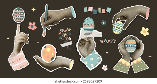 A set of colorful Easter-themed collage illustrations showcasing hands and decorative eggs, ideal for creative projects and seasonal greetings.