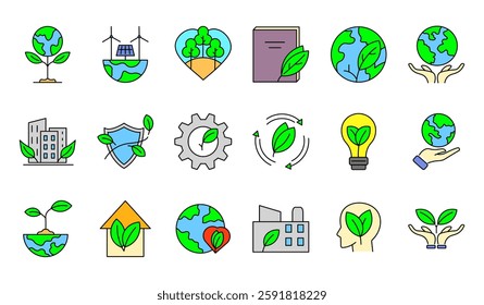 A set of colorful eco-friendly icons representing sustainability, green energy, environmental protection and ecological awareness. Ideal for environmental campaigns and sustainability presentations.