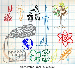 Set of colorful ecology hand-drawn icons - doodles on chequered paper (vector)