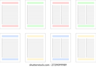 Conjunto de modelos de lista de tarefas coloridas e editáveis com caixas de seleção. Perfeito para planejadores, cronogramas, ferramentas de produtividade ou inserções imprimíveis. Design de vetor mínimo e limpo em cores pastel.