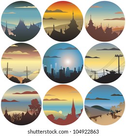 Set of colorful editable vector circular illustrations of landscapes and buildings