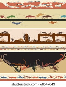 Set of colorful editable vector foregrounds of ants, cockroaches and scorpions