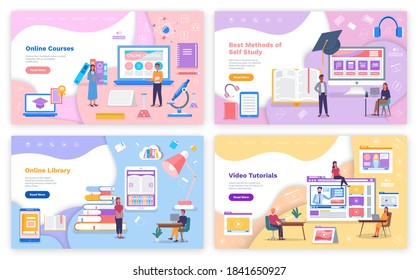 Set of colorful educational website pages. Landing page of lessons, online courses, video lessons. Self-development. Books, devices, table lamp, group of people engaged in different mental activities.