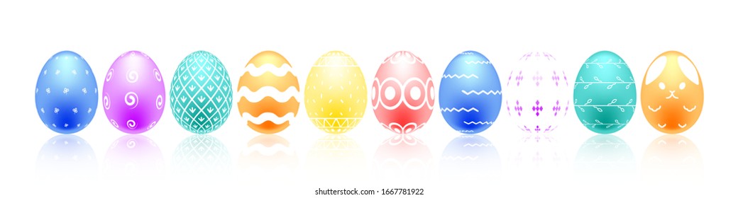 Set of colorful eggs with beautiful abstract patterns,Set of Realistic Easter Eggs with Reflection on White background,Vector,Illustration.