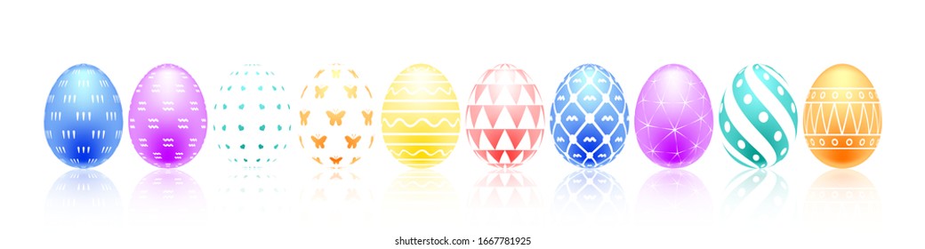 Set of colorful eggs with beautiful abstract patterns,Set of Realistic Easter Eggs with Reflection on White background,Vector,Illustration.