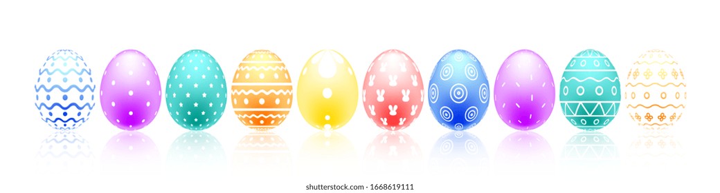 Set of colorful eggs with beautiful abstract patterns,Set of Realistic Easter Eggs with Reflection on White background,Vector,Illustration.