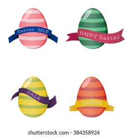 Set of colorful eggs with ribbon for design, cards and invitations.Happy Easter, Easter Sale 