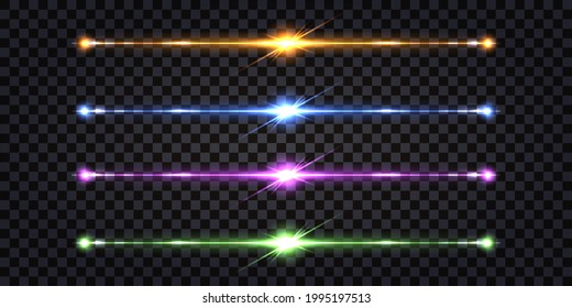 Set of colorful electric discharge light effect. Glowing line wires with flash and shiny stripes.  Thunder bolt, lightning collision, impulses isolated on transparent background. Vector illustration