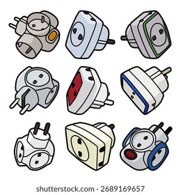 Conjunto de adaptadores de enchufe eléctrico de colores en diferentes Formas y ángulos Ilustración vectorial aislada