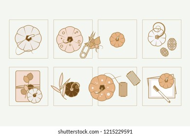 Set of colorful elegant fall vector icons, mini white pumpkins, greeting cards, leaves and gift in top view perspective