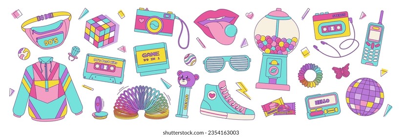 Set of colorful elements 80s 90s, retro badge, emblem, fashionable patch. Vector vintage style illustration