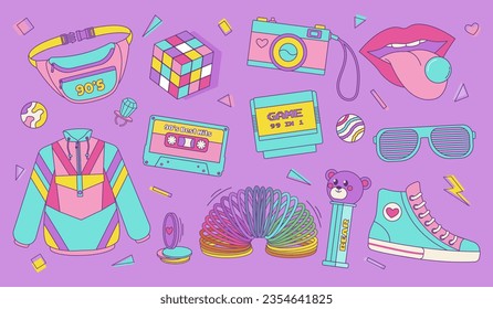 Set of colorful elements 80s 90s, retro style, nostalgic items, emblem, fashionable patch. Vector vintage style illustration