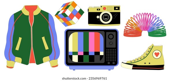 Set of colorful elements 80s 90s, retro style, nostalgic items. Vector vintage style illustration