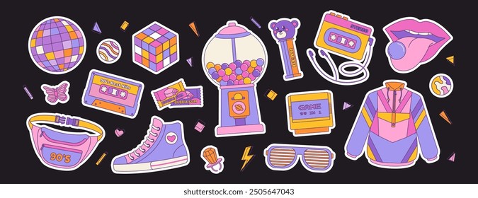 Set of colorful elements 80s 90s, retro badge, emblem, fashionable patch. Disco ball, sunglasses and bubble gum, cassette. Vector illustration