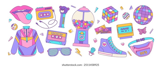 Set of colorful elements 80s 90s, retro badge, emblem, fashionable patch. Disco ball, sunglasses and bubble gum, cassette. Vector illustration.