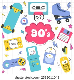 Set of colorful elements of 80s and 90s. Roller skates, tetris, cassette, discette,  disk, phone