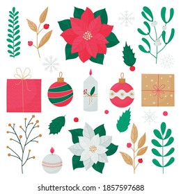 Set of colorful elements for Christmas and New Years. Poissentia, twigs, holly, berries, candles, gifts and Christmas balls.