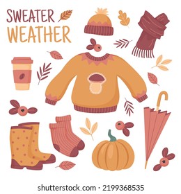 Set of colorful elements for cozy autumn design. Vector illustration of pumpkin, umbrella, sweater, hat, knitted socks, rubber boots, autumn leaves.