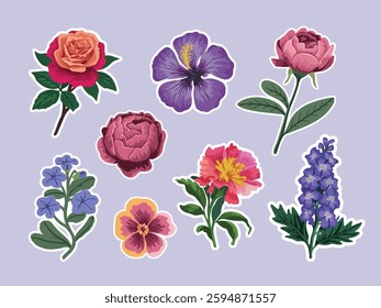 Set colorful elements of flower collection garden red, burgundy flowers, periwinkle, leaves, Botanic illustration isolated on pastel background.