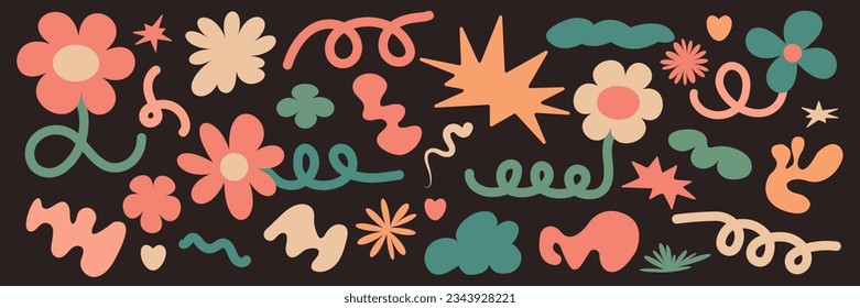 Set of colorful elements, flowers and doodles. Abstract vector, modern style. Hand drawn illustration.