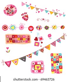 Set of colorful elements with hearts, perfects for Valentine's Day. It includes two decorative banners. Whimsical, cheerful shapes and colors.