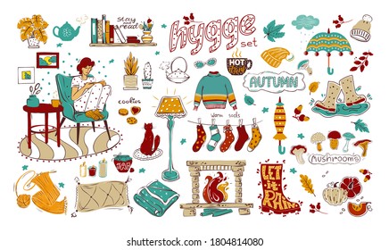 A set of colorful elements on the theme of hygge, autumn and a cozy home. Vector collection of hand-drawn design elements isolated on a white background. For your design.