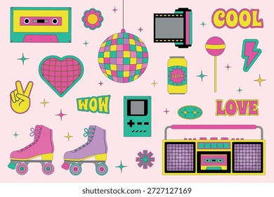 A set of colorful elements in the style of the 80s and 90s. 90s nostalgia. Vector illustration in vintage style.