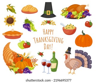 Set von bunten Elementen für Thanksgiving-Tagesdesign. Traditionelles Thanksgiving-Dinner. Cartoon-Stil, Vektorgrafik