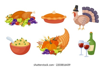 Set of colorful elements for Thanksgiving day design. Traditional Thanksgiving dinner. Cartoon style vector illustration