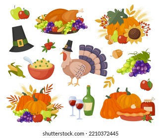 Set of colorful elements for Thanksgiving day design. Traditional Thanksgiving dinner. Cartoon style vector illustration