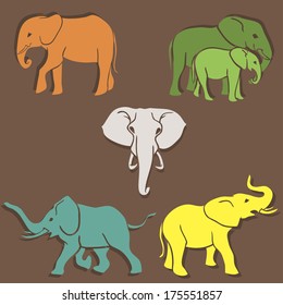 Set of colorful elephants in different poses