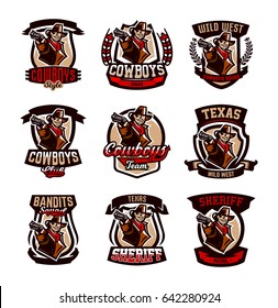 Eine Reihe von bunten Emblemen, Logos, Cowboy mit einem Revolver. Wild West, ein Bandit, ein Räuber, ein Sheriff, ein Schießkampf. Vektorillustration