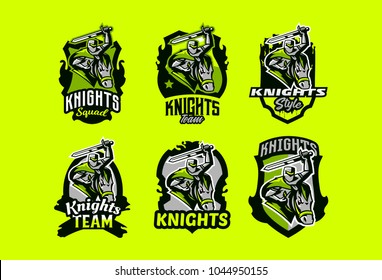 A set of colorful emblems, logos of a knight galloping on a horse and waving with a sword. Swordsman, warrior, paladin, rider, stallion, mascot, steel, armor, shield, lettering. Vector illustration