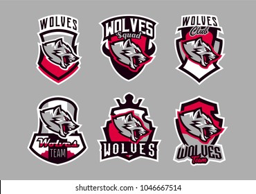 A set of colorful emblems, logos, snarling wolf. An aggressive predator, an animal from the forest, a dangerous beast, a head, a mascot. Sport Identity, T-shirt printing, vector illustration.
