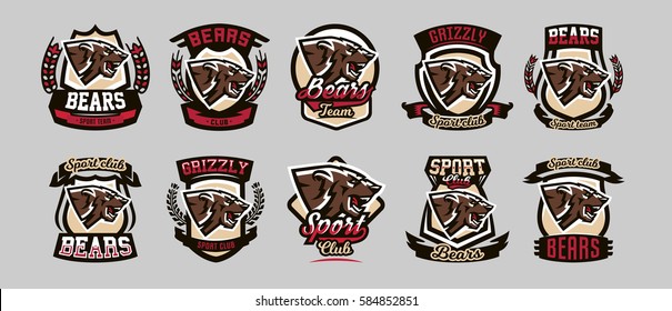Set of colorful emblems, logos, snarling and ready to attack bear, grizzly, dangerous predator, the dweller forest. Vector illustration, dynamic and sporty style, printing on T-shirts 