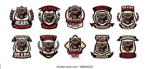 Set of colorful emblems, logos, snarling and ready to attack bear, grizzly, dangerous predator, the dweller forest. Vector illustration, dynamic and sporty style, printing on T-shirts 