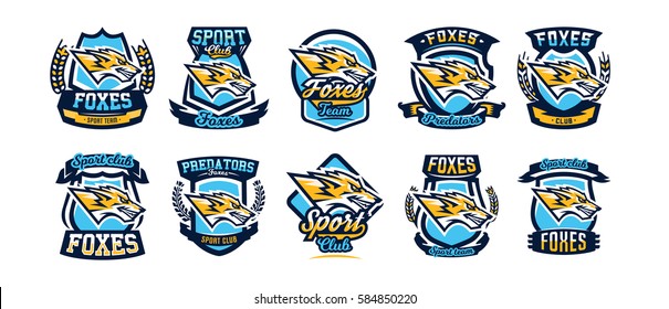 Set of colorful emblems, logos, stickers, aggressive fox is ready to attack, the predator. Vector illustration, dynamic and sport style, printing on T-shirts. 