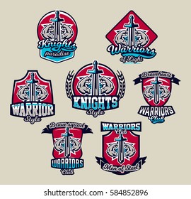Set of colorful emblems, logos, stickers, sword, warrior, muscular arms. Vector illustration, sports style, printing on T-shirts 