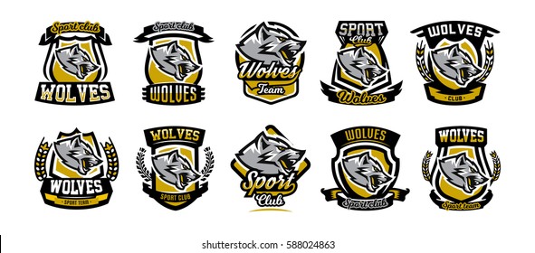 Set of colorful emblems, logos, stickers, aggressive wolf ready to attack, grin, growling predator. Vector illustration, font, sporty style, printing on T-shirts. 